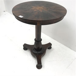 19th century inlaid rosewood pedestal table, single column on trefoil base, bun feet, D54cm, H70cm