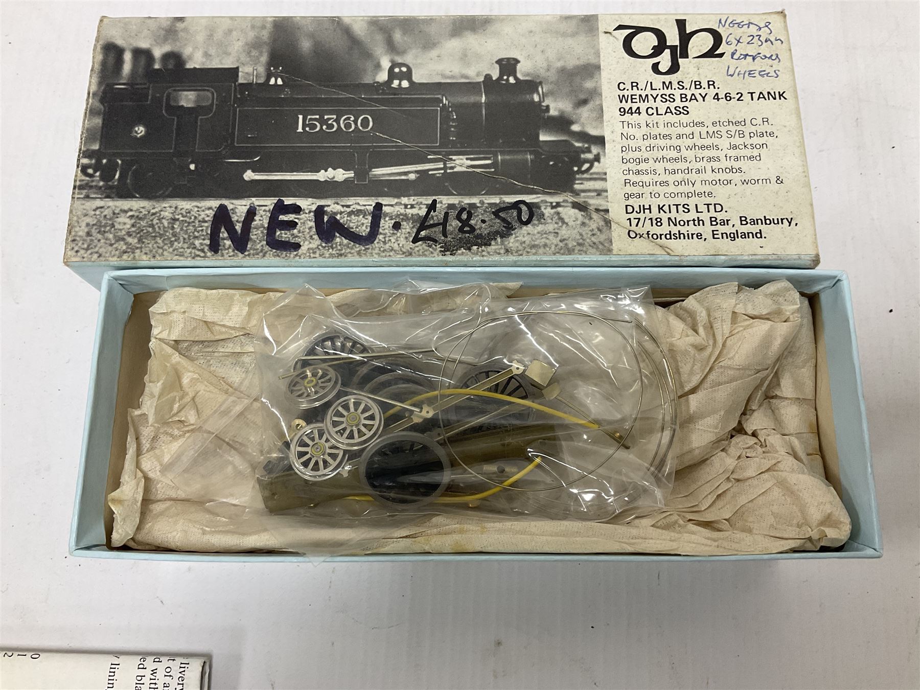 ‘00’ gauge - six model railway locomotive building kits comprising DJH Models CR/LMS/BR Wemyss Bay 4-6-2 Tank 944 Class, Caley Coaches CL4 Caledonian Railway Class 104 0-4-4T and CL2 Caledonian Railway Class 812 & 652 0-6-0 loco and tender, Mallard Models GWR 517 Class 0-4-2T body and chassis kit, Tru-Cast SR Class USA Tank locomotive and Pro-Scale LNWR Coal Tank; in original boxes 