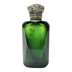 Silver mounted green glass scent bottle, with original stopper, and embossed silver cover, H7cm