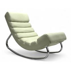 Cream leather modernist rocking chair, leather upholstery with horizontal channel stitching, supported by a chrome-plated tubular frame 