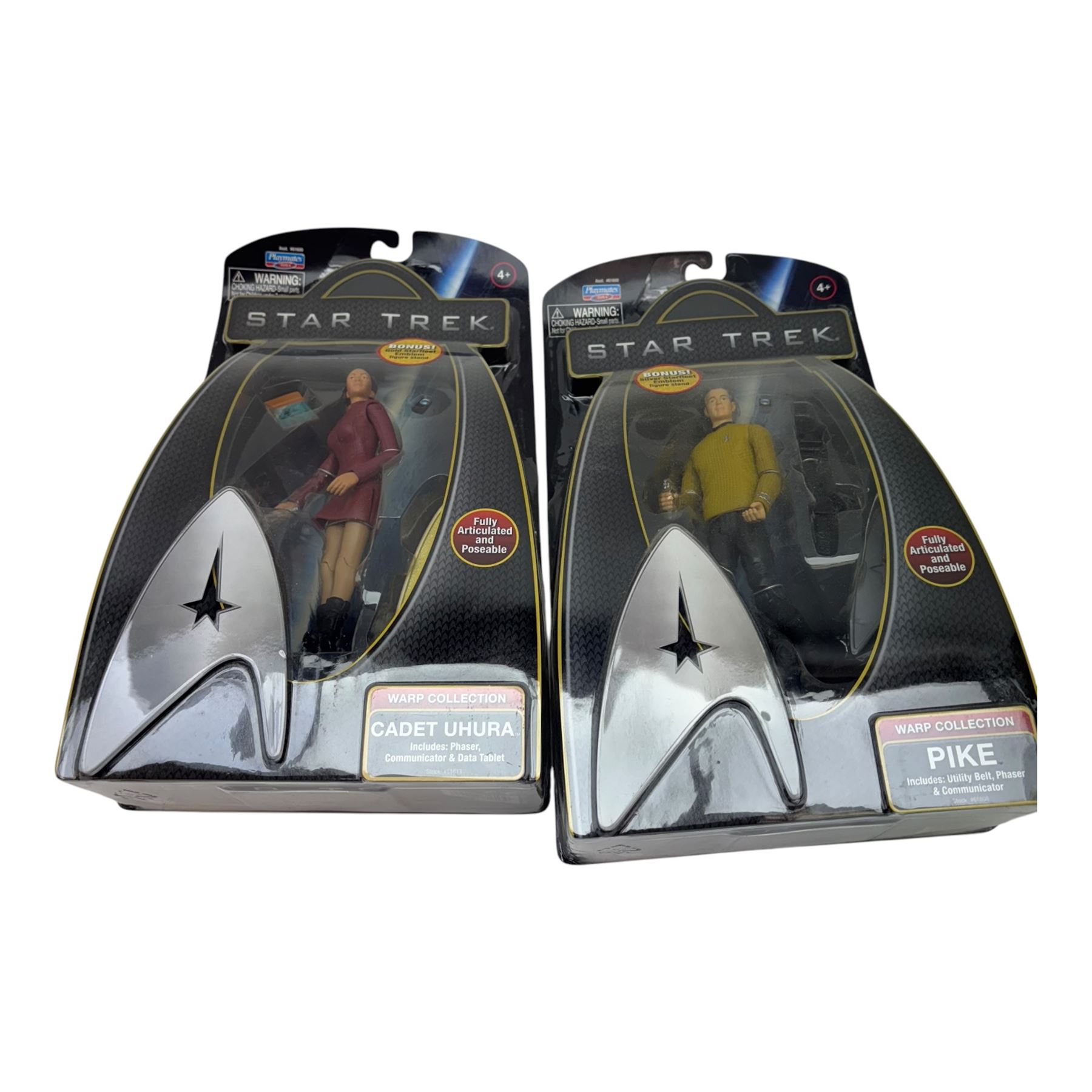 Three Art Asylum Star Trek action figures, comprising The Next Generation Admiral William Riker, Enterprise Broken Bow Lieutenant Malcolm Reed and Enterprise Broken Bow Captain Jonathan Archer, together with three Playmates Toys playsets and figures, including U.S.S Enterprise Bridge playset, Cadet Uhura action figure and Pike action figure, all boxed or carded