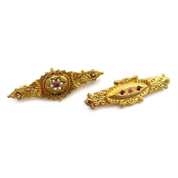  Victorian gold picture back bar brooch set with seed pearls and ruby and a similar ruby bar brooch both stamped 9ct  