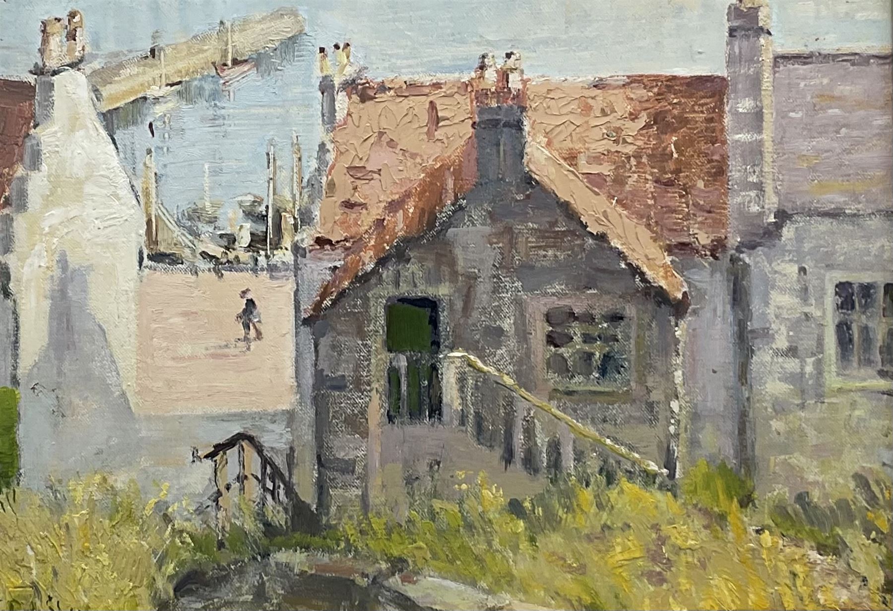 Adam H Grassie (Scottish 20th century): 'Red Roofs Fife', oil on board signed, titled verso with artist's address '90 Sandy Road Renfrew' 28cm x 39cm