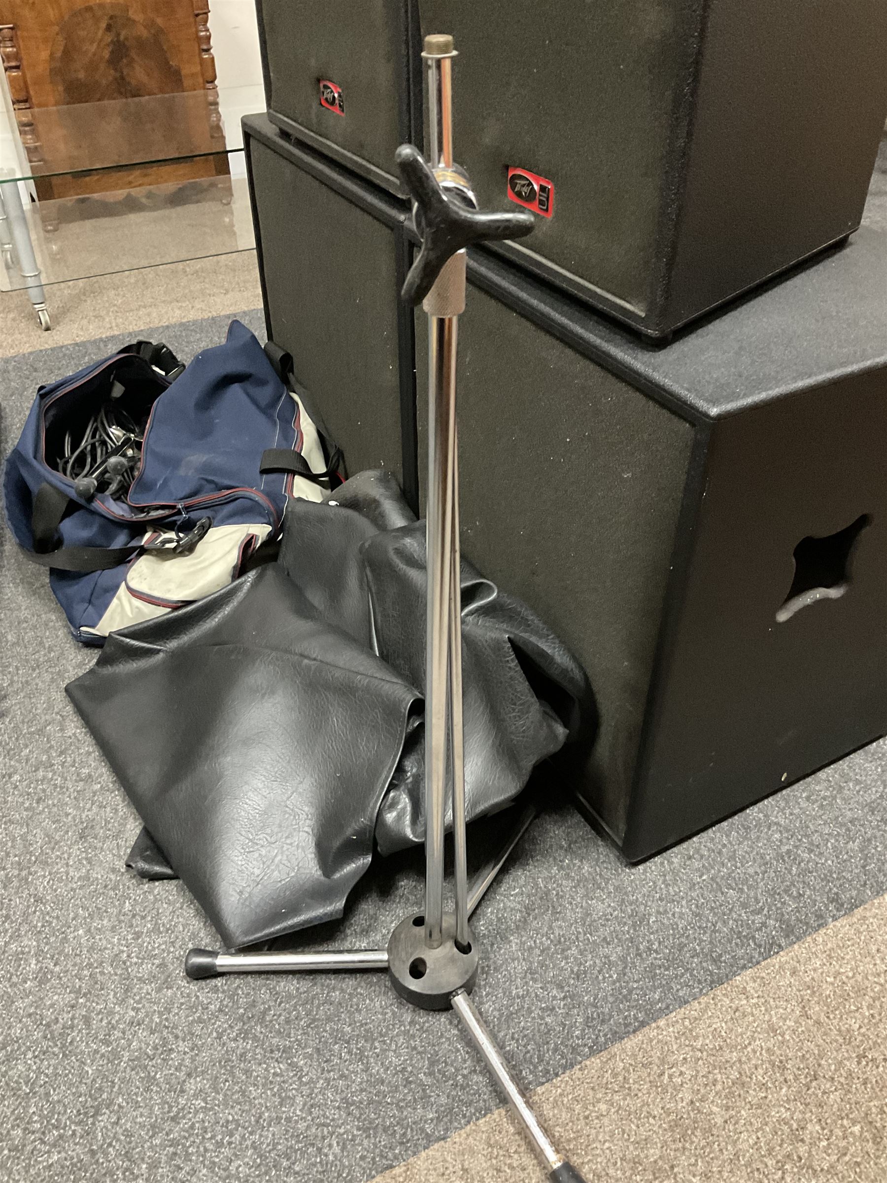 Peavey XR-696F 1200W Amplifier, serial no.K0241228, L47cm; with two Peavey UL bass bins L56cm and two Peavey top speakers L45cm with connecting rods; all with covers; and quantity of heavy duty cables, two microphone cables and microphone stand