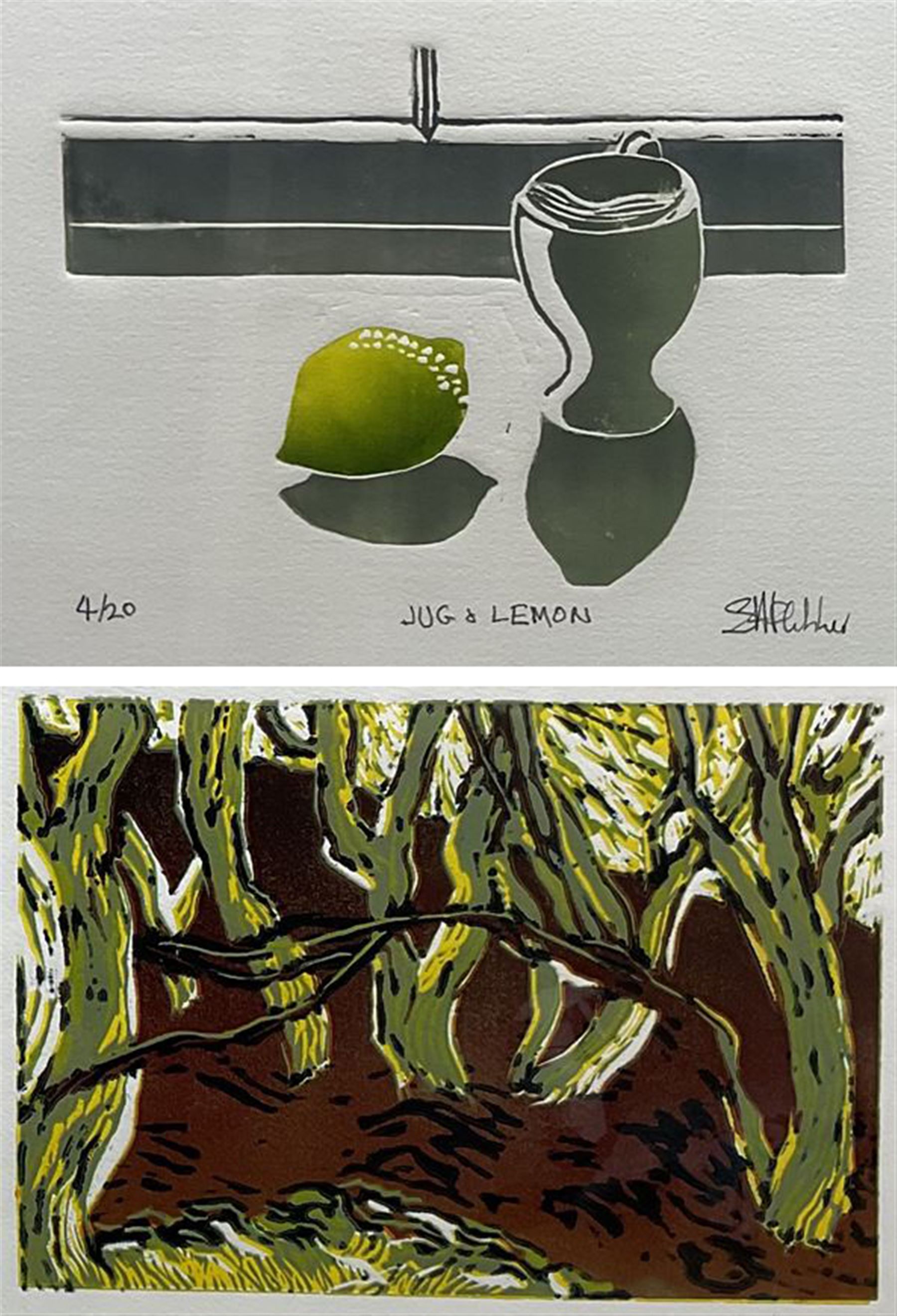 Shirley Fletcher (Northern British Conteporary): 'Jug and Lemon' and A Forest, two collographs, the former signed titled and numbered 4/20 in pencil 28cm x 35cm and 23cm x 32cm (2)