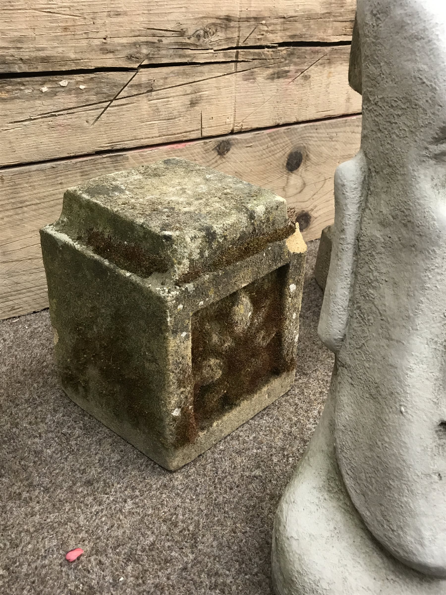 Collection of various stone and composite stone garden ornaments including; cat figure, stone two piece bird bath, Easter island head, tortoise etc.. (11)