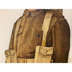 Military Outfitters hand painted life size wooden cut out figure of a WW1 soldier standing at ease holding a gun by his side, marked Stening Signs; hardboard on planked frame H199cm