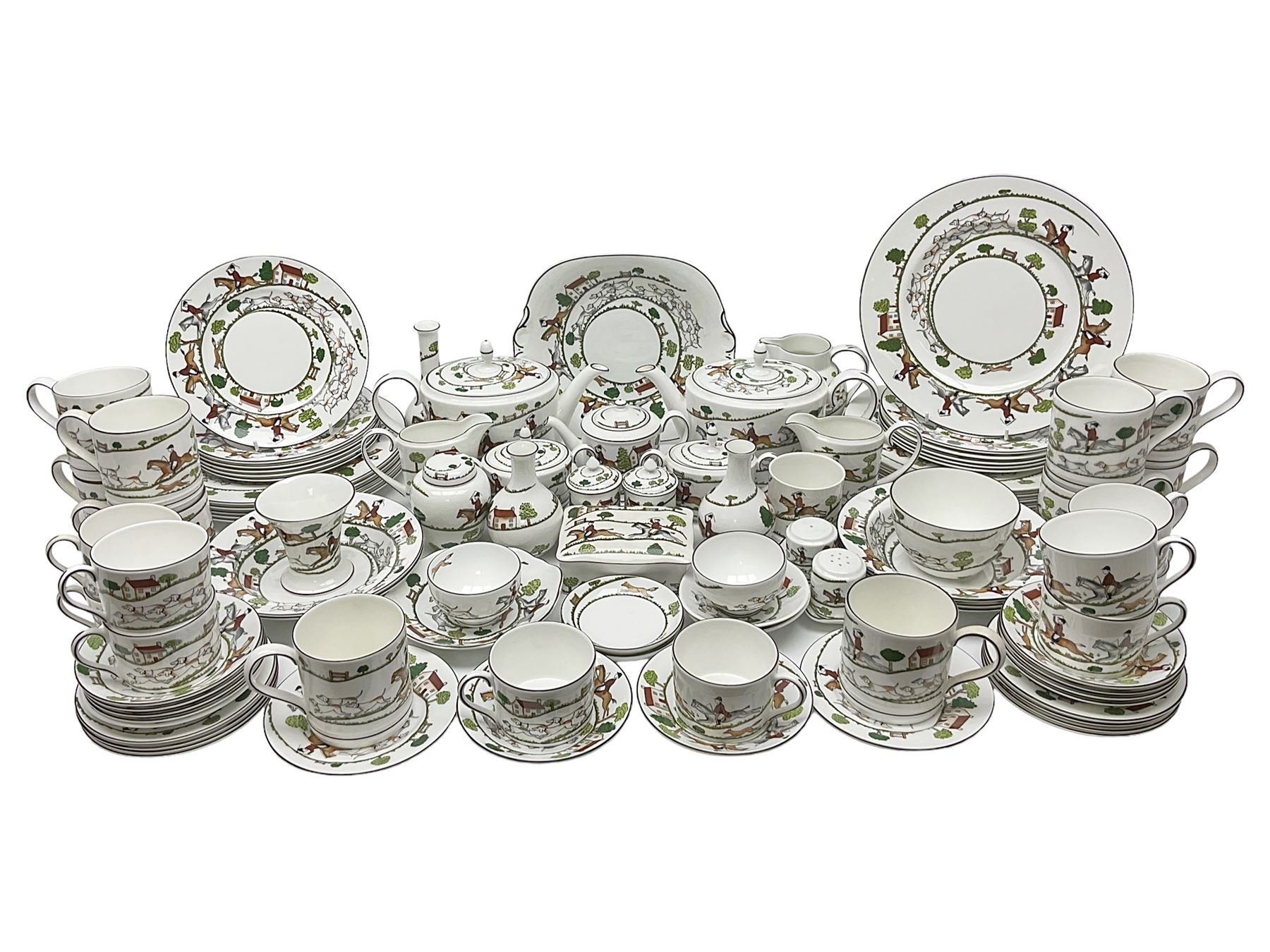 Wedgwood Hunting Scenes dinner and tea service for ten, to include dinner plates, side plates, dessert plates, cups and saucers, mugs, two large teapots, two milk jugs, etc, together with matching items by coalport and Staffordshire (94)
