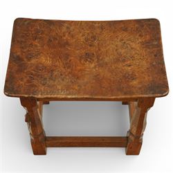 Mouseman - circa 1927 burr oak joint stool, with dished top, on chamfered octagonal supports, with  carved mouse signature, by Robert Thompson of Kilburn
