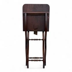 20th century mahogany folding coaching table, hinged rectangular  folding top, divided into two sections, supported on an X-frame with turned stretchers 