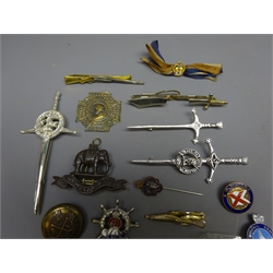  Collection of enamel and other pin badges including 'Liberation', West Riding Cap Badge, Royal Berks. bar brooch, rifle and pistol tie pins, etc (26)  