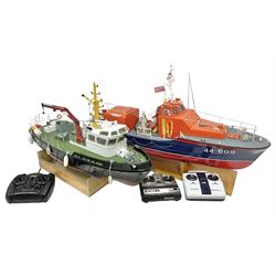 Two remote controlled kit-built plastic model boats - RNLB Sheerness Lifeboat Helen Turnbull L92cm and 'Conserver' Grangemouth L76cm; each on wooden stand; together with three remote control units