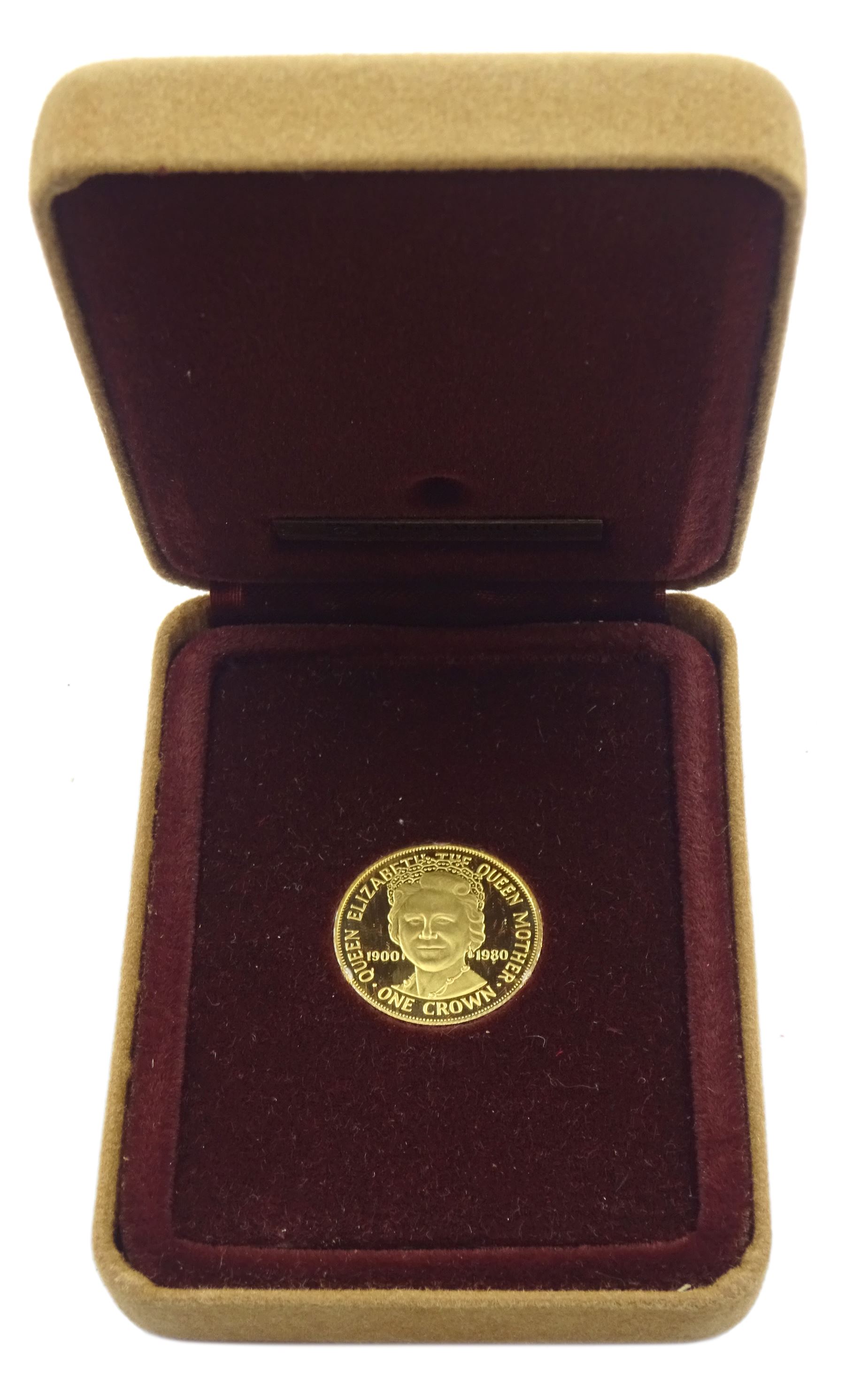 Queen Elizabeth II Isle of Man 1980 gold proof 'Queen Mother Crown' coin, approximately 7.96 grams, cased with certificate