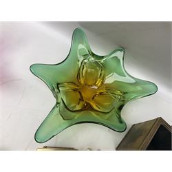 Metamec and H. Samuel battery operated brass carriage clocks, bronzed style abstract figure signed 'Cotp W', two art glass splash bowls, etc