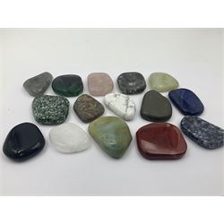 Fifteen mineral specimens, each cut and polished to highlight natural formations, including lapis lazuli, rose quartz, green aventurine, jasper, black obsidian etc, L4cm