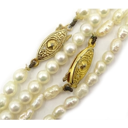  Cultured pearl necklace, freshwater pearl necklace and a pair of 9ct gold pearl ear-rings  