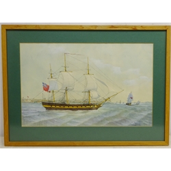  H Hulthen (19th/20th century): British Frigate off the Coast, watercolour signed 30cm x 48cm mao1307  