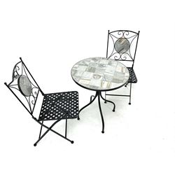 Garden Bistro tile table (D60cm) and two chairs in black finish (W39cm)