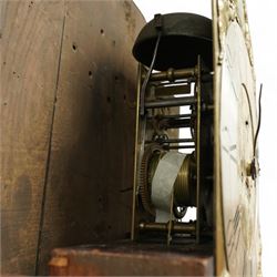 William Vise of Wisbech (Cambridgeshire)-8-day mahogany Longcase clock c1750, with a swan neck pediment and inlaid parterre, break arch hood door beneath flanked by detached reeded pilasters with brass capitals, trunk with conforming pilasters to the corners and an inlaid door with banding to the edge and oval satinwood inlay and matching conche inlay to the centre, conforming pediment with matching circular inlay and raised on bracket feet, brass break arch dial with interesting scroll and floral spandrels to the arch and four season spandrels to the corners, fully engraved dial centre with steel hands, engraved seconds dial and square date aperture, silvered boss to the arch with makers name and conforming chapter with Roman numerals, five minute Arabic's and minute track, dial pinned directly to a two train weight driven rack striking movement, sounding the hours on a bell. With weights and pendulum. 
Both a William and John Vise are recorded as working in Wisbech between 1740 and1758.