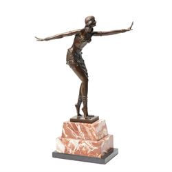 After Demetre Chiparus - Art Deco style bronze figure of a dancer on a stepped marble base...