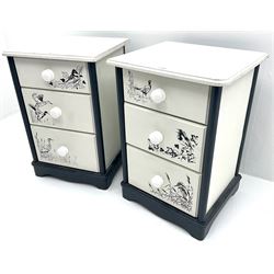 Pair of bedside tables, three graduating drawers, shaped bracket supports 