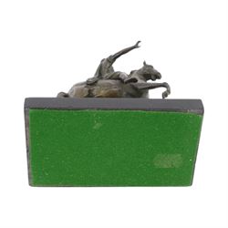 After the antique, bronzed figure of Marcus Aurelius upon horseback, on a rectangular stone base, H22cm   