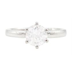 Platinum diamond ring, set with a single stone round brilliant cut diamond of approx 1.00 ...