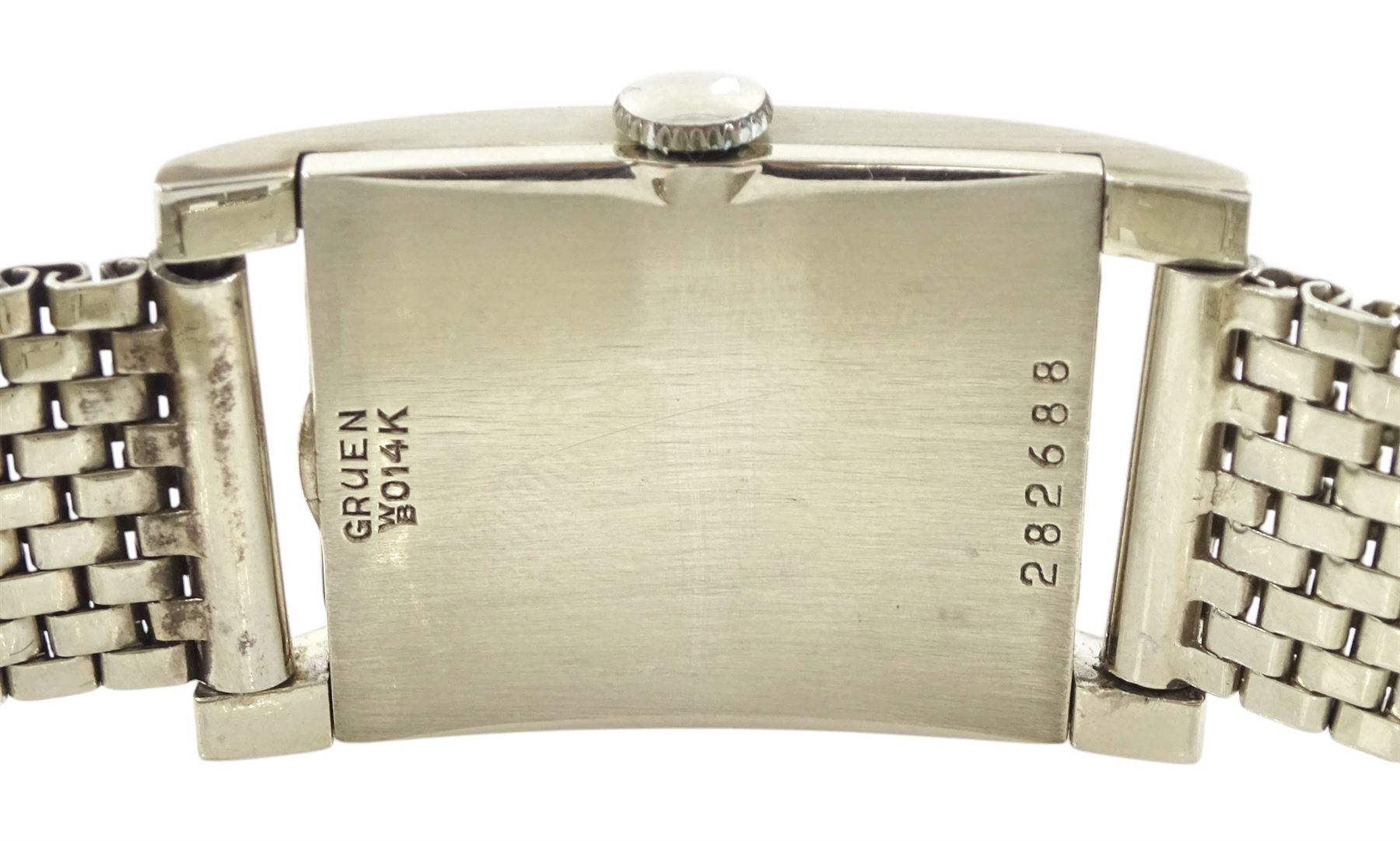 Gruen Curvex Precision gentleman's 14ct white gold manual wind wristwatch, back case No. 282688, rectangular silvered dial, with diamond dot markers at 12, 3 and 9 o'clock and subsidiary seconds dial, on 14ct white gold bracelet, both stamped 14K, with additional links