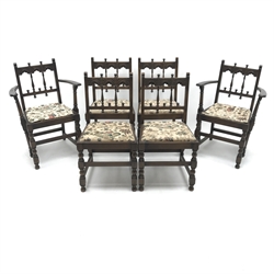 Ercol Old Colonial Yorkshire refectory table, shaped end supports joined by single stretcher, sledge feet (W152cm, H72cm, D77cm) and set six (4+2) matching dining chairs (W62cm)