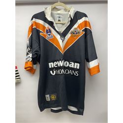 Three Australian Rugby League shirts, to include NRL West Tigers shirt, NSW RL North Sydney Bears shirt and an Australian International rugby shirt, with applied W.Simpson name to front