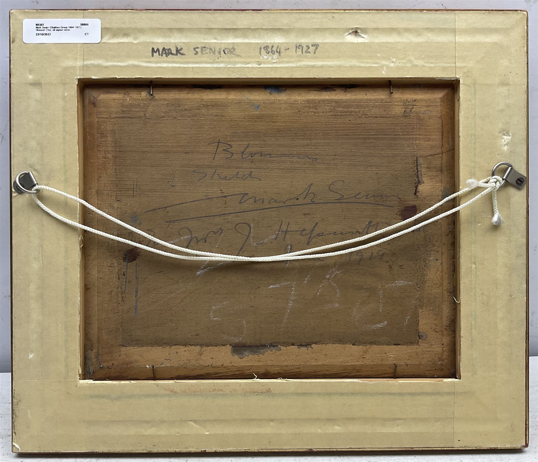 Mark Senior (Staithes Group 1864-1927): 'Blossom' - Lady in a Runswick Bay Garden, oil on panel, signed titled and inscribed 'To Mrs J Hepworth June 1919' verso 20cm x 26cm