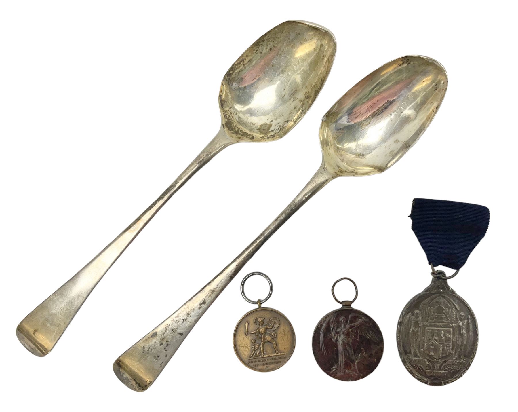Two silver Georgian tablespoons, approximate total weight 3.36 ozt (104.7 grams), together with Great War Peace Medal 1919 and two others 