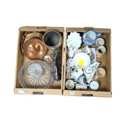 Ringtons Ironstone jug, Minton Haddon Hall planter, cloisonne vase, silver plate ice bucket, large cut glass bowl and a collection of other collectables, in two boxes