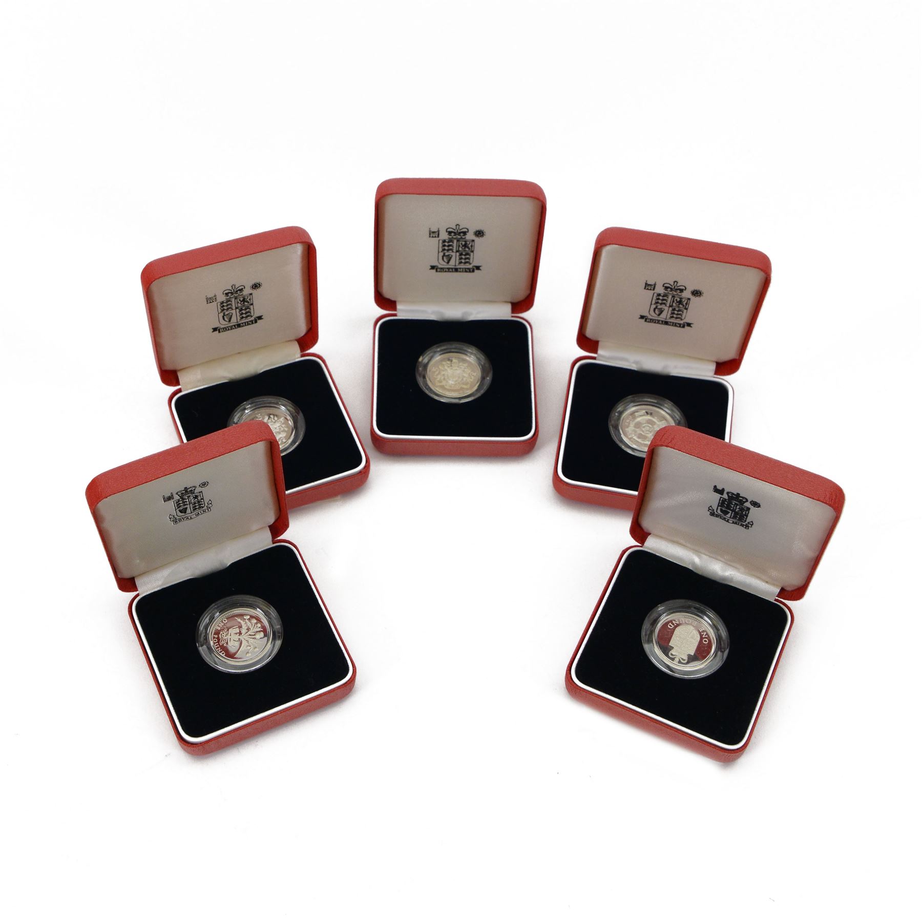 Five The Royal Mint United Kingdom silver proof piedfort one pound coins, dated 1988, 1989, 1993, 1998 and 2001, all cased with certificates 