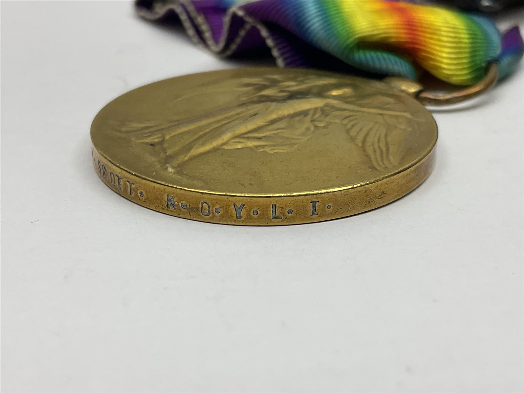 WWI trio of medals comprising British War Medal and Victory Medal awarded to 1815 Pte. W. Scott K.O.Y.L.I. and 1914-15 Star awarded to 200196 Pte. W. Scott Yorks. L.I.; with ribbons on wearing bar