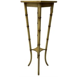 Simulated bamboo torchère or plant stand, square top on splayed simulated bamboo supports united by undertier 