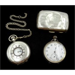 Early 20th century Swiss silver half hunter keyless lever pocket watch, No. 1988252, case by Aaron Lufkin Dennison, Birmingham 1920, one other open face silver lever pocket watch, London import mark 1919 with silver chain and a silver cigarette case by	Henry Matthews, Birmingham 1926 (3)