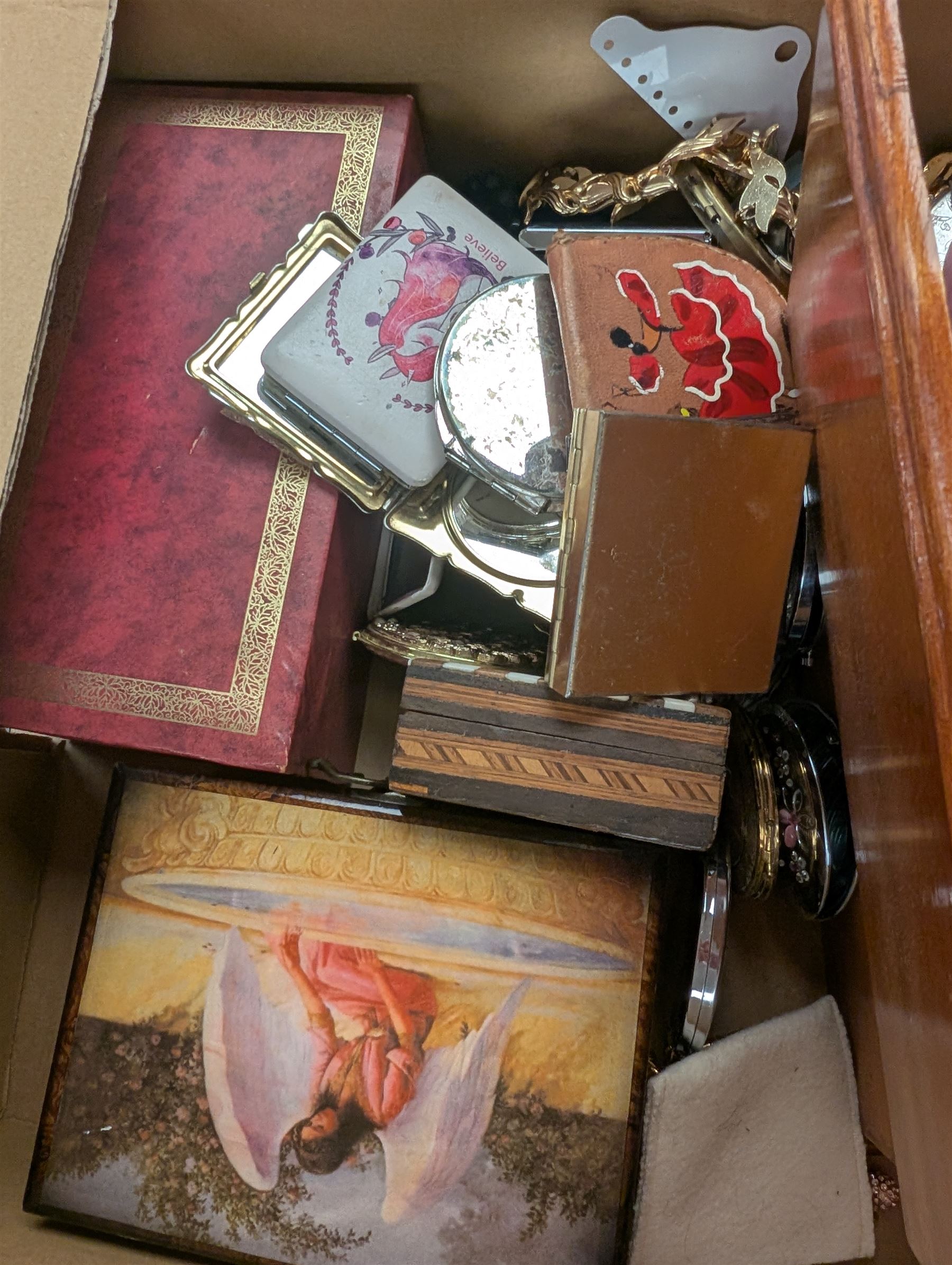 Silver earrings, including three boxed pairs, costume jewellery, compact mirrors and three jewellery boxes