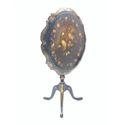 Mid 19th Century Papier-mâché occasional table, the oval snap top with shaped edge, inlaid mother of pearl floral decoration standing on turned column and tripod base with gilt and floral decoration, possibly Jennens and Bettridge