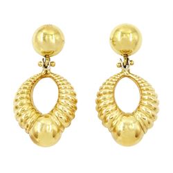 Pair of 18ct gold pendant earrings, each set with a ball stud, suspending a textured hoop ...