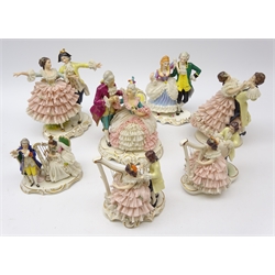 Seven Dresden crinoline couples, three seated playing the harp and four dancing, H18cm   