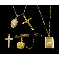 Gold cross pendants, one by Georg Jensen, gold pendants and chain necklaces, all 9ct and an 18ct gold pendant brooch