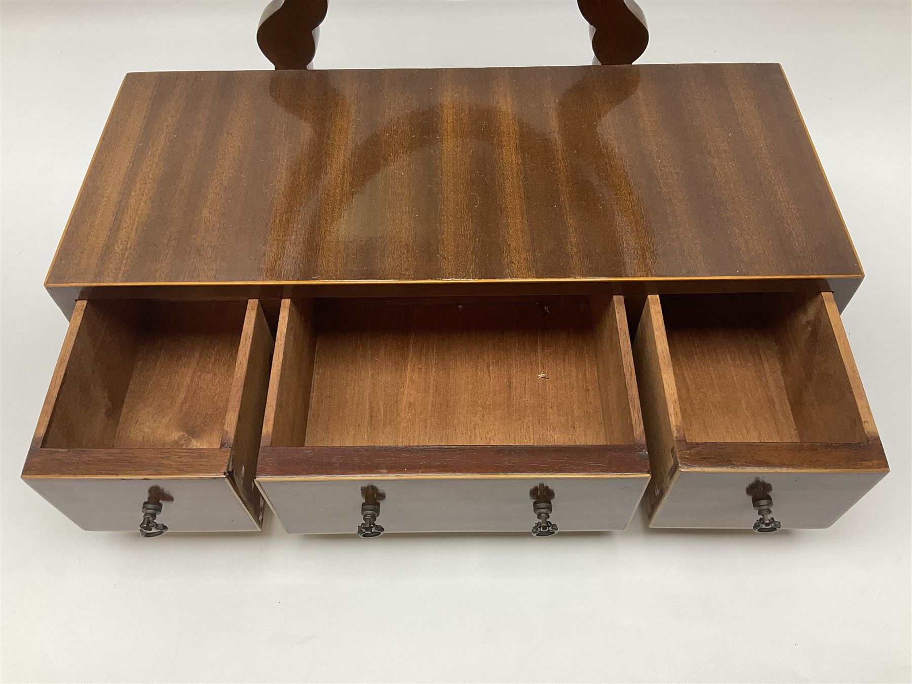 19th century inlaid mahogany dressing table mirror, with three drawers to base, H58cm
