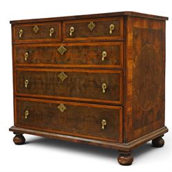 William & Mary period laburnum and walnut oyster-veneered chest, the rectangular top with ...