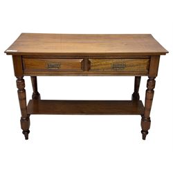 Victorian mahogany side table fitted with two drawers,  rectangular top over two short drawers with moulded facias and brass drop handles, turned front and rear supports joined by an open undertier, on turned feet 