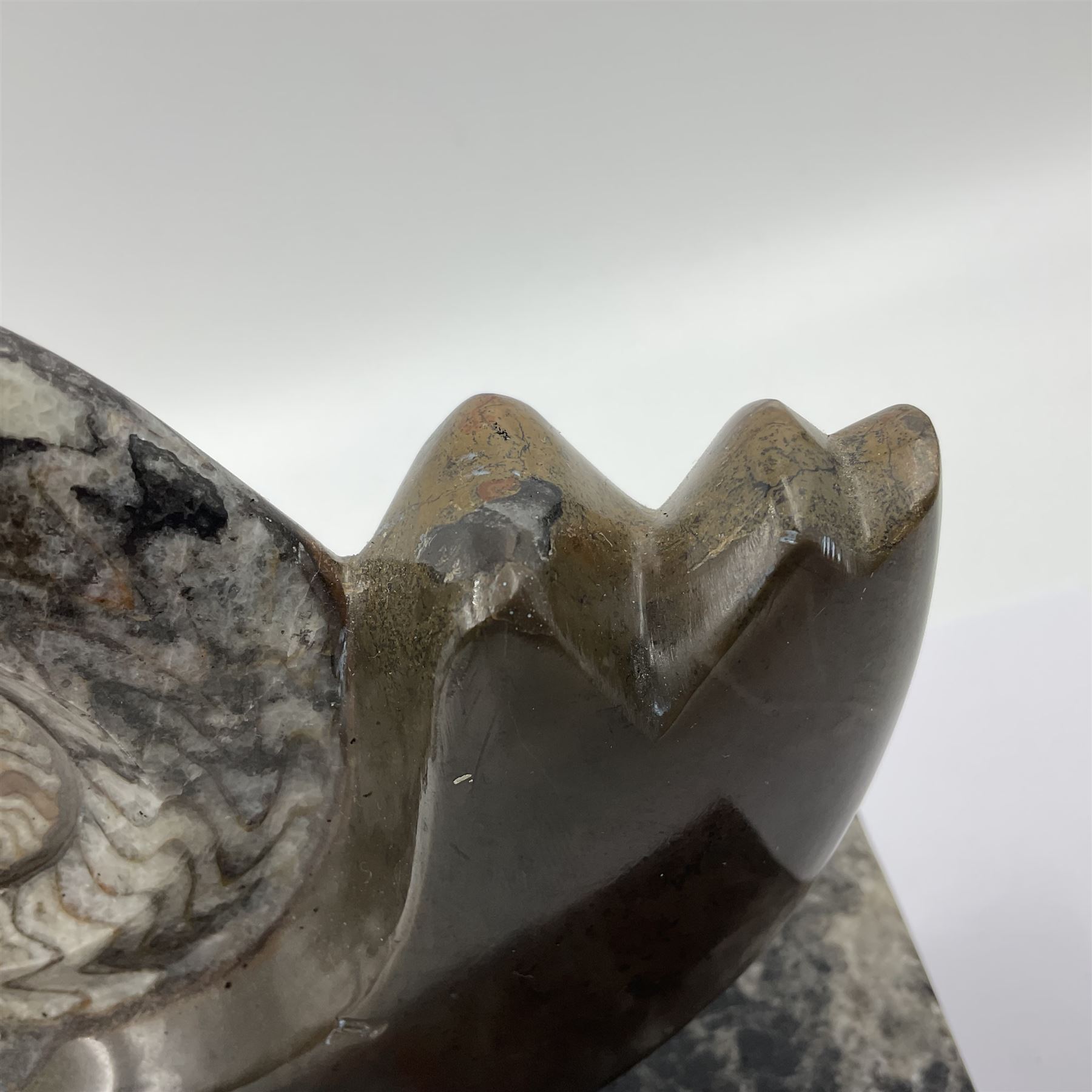 Goninite sculpture, poslised goninite, mounted upon a rectangular marble base with with orthoceras and goniatite inclusions, age: Devonian period, location: Morocco, H20cm