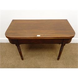  19th century mahogany fold over table, turned supports (W92cm, H56cm, D90cm) two drop leaf tables and an inlaid jardiniere (4)  