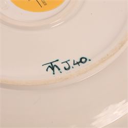 Tony Morris (British 1942-2018) for Poole Pottery: Studio pottery bowl of shallow circular form, thrown by Alan White, glazed and decorated by Tony Morris, impressed and painted marks to base, printed and painted marks beneath D35.5cm