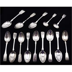 Collection of fourteen silver Fiddle pattern spoons, comprising a Scottish provincial teaspoon, hallmarked William Richie, Perth circa 1800, three Maltese silver teaspoons, a Victorian pair of teaspoons, hallmarked Josiah Williams & Co, Exeter 1876, a Victorian pair of teaspoons with bright cut decoration, hallmarked John Pope Genge, Exeter 1874, four other Victorian teaspoons, each hallmarked Exeter, together with two Fiddle pattern mustard spoons, the first example, hallmarked Thomas Hart Stone, Exeter 1870, and the second example, hallmarked Robert Williams & Sons, Exeter 1850
