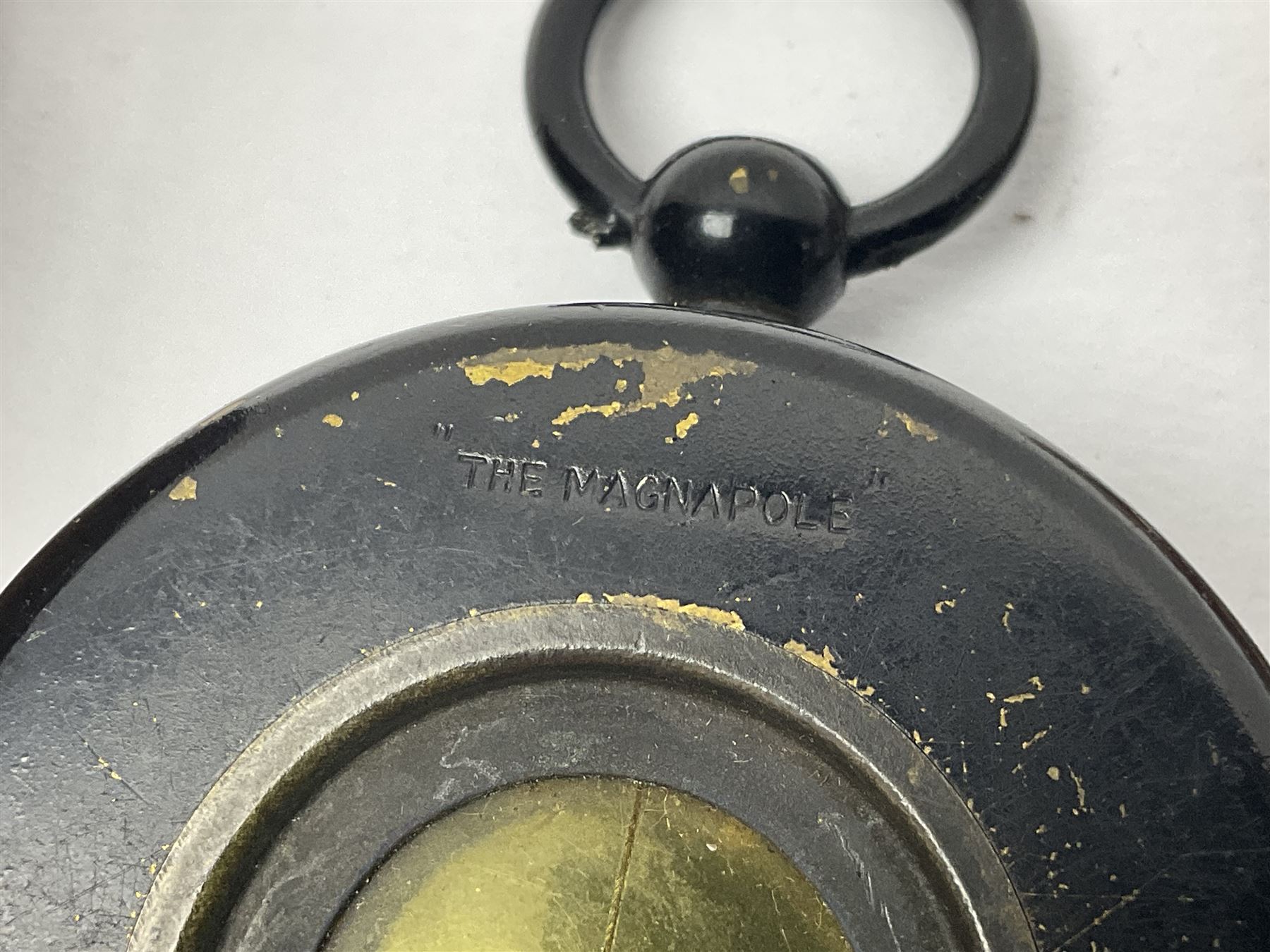 WW1 Short & Mason Ltd 'The Magnapole' black japanned brass field compass in leather carrying case; WW1 trench art paper knife inscribed Dixmude; and small quantity of cloth badges etc